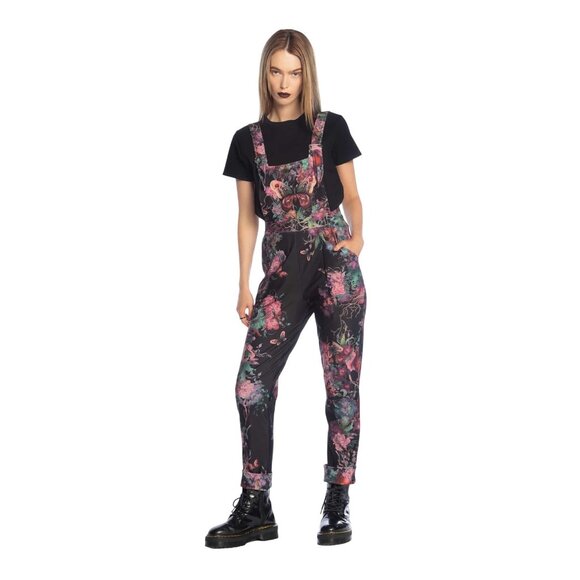 Black Milk Moody Floral Moth Print Long Overalls With Adjustable Straps Pockets - Picture 1 of 5